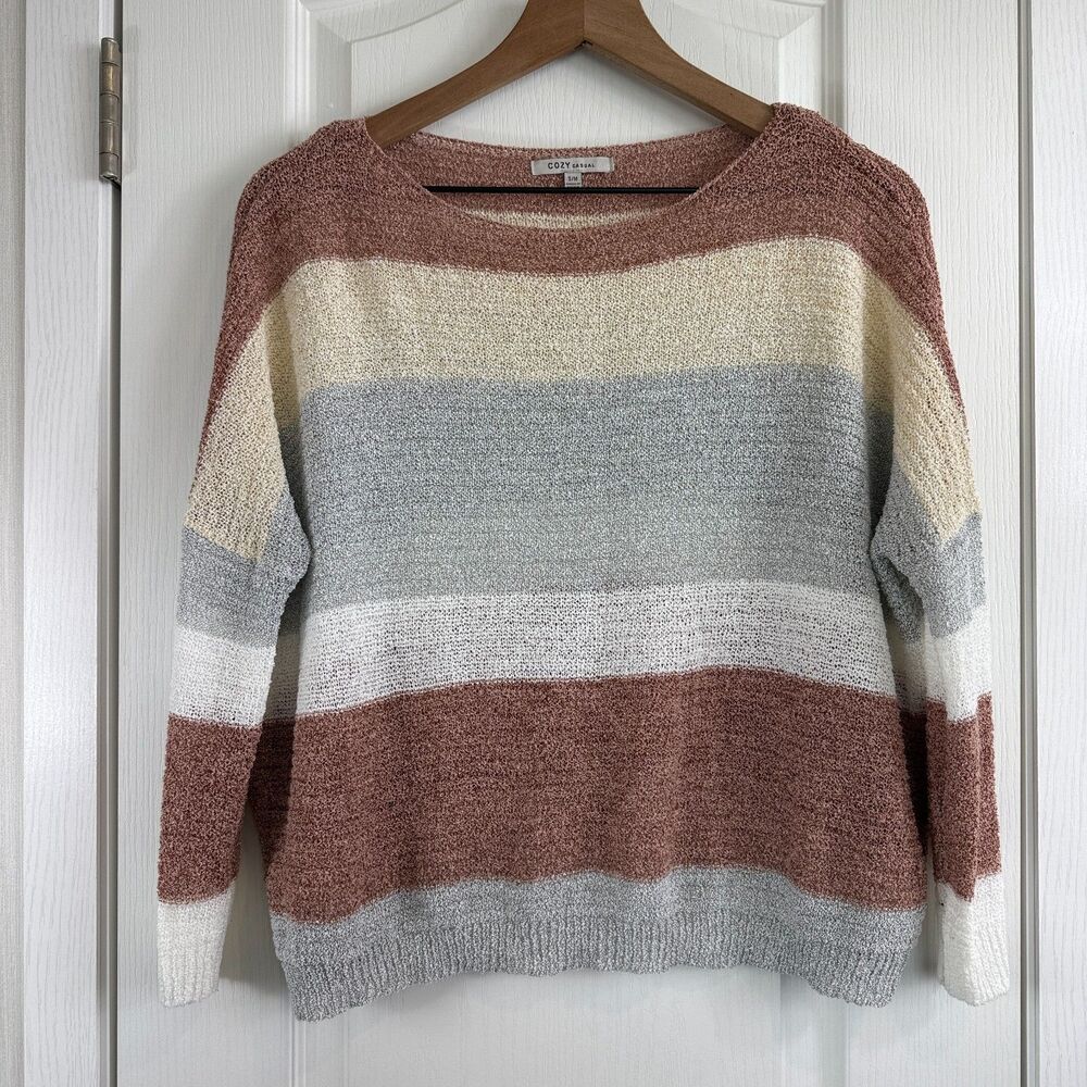 Cozy Casual Women's Neutral Multicolor Stripe Lightweight Sweater Size S / M